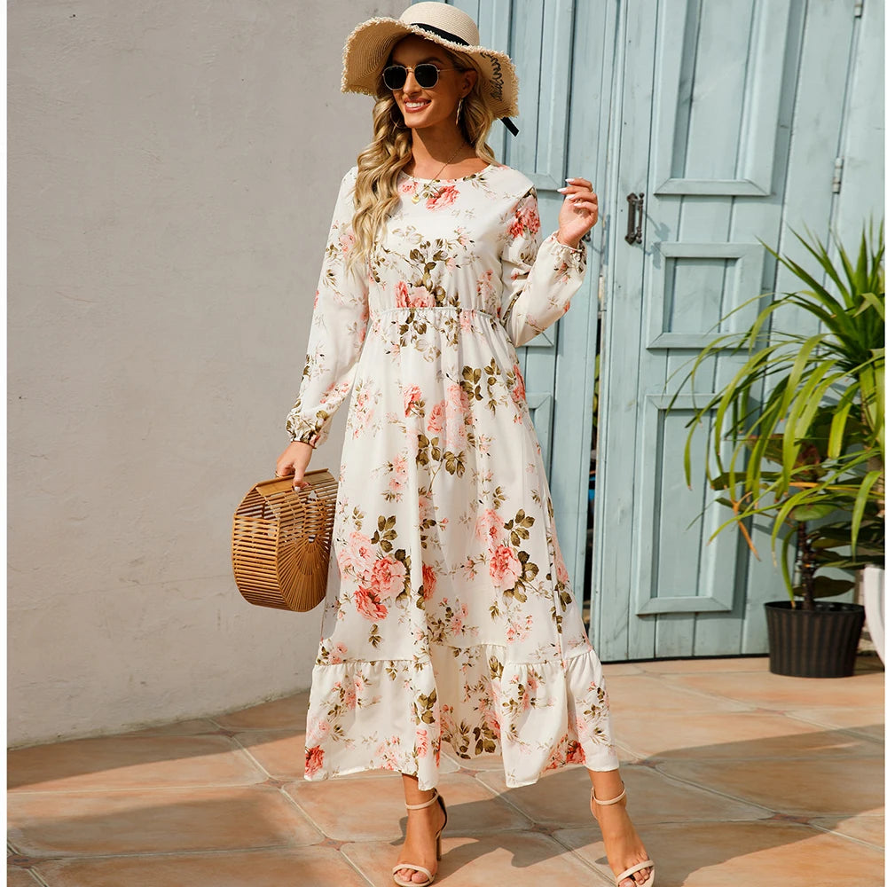 Bohemian Maxi Dress with Long Sleeves and Floral Chiffon