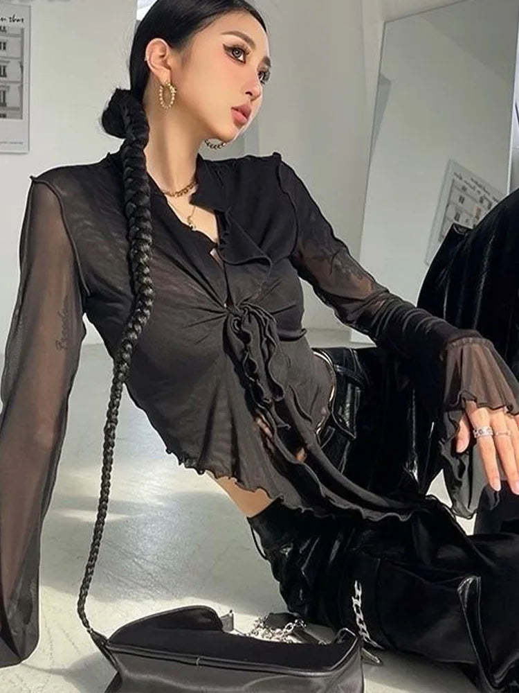 Long Flare Sleeve Lace-Up Mesh Blouse