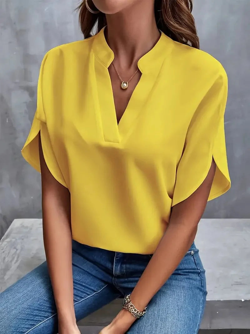 Elegant V-Neck Short Sleeve Solid Color Blouse