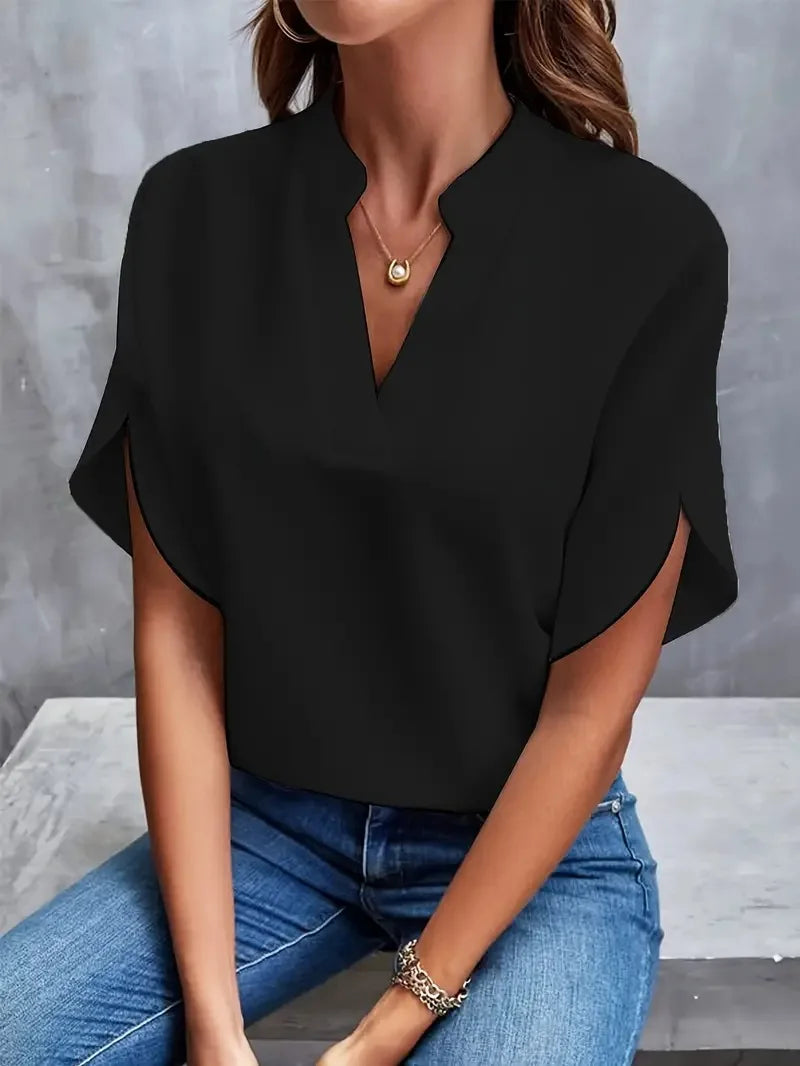 Elegant V-Neck Short Sleeve Solid Color Blouse