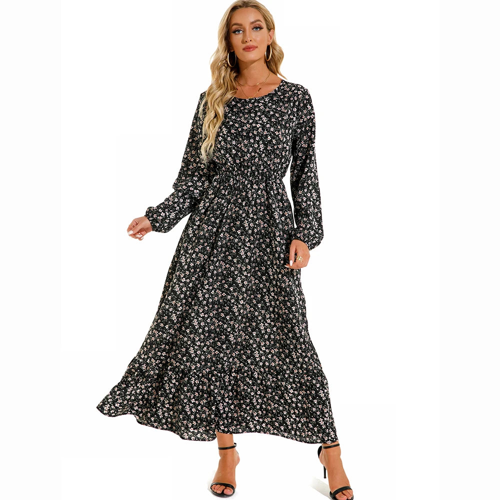 Bohemian Maxi Dress with Long Sleeves and Floral Chiffon