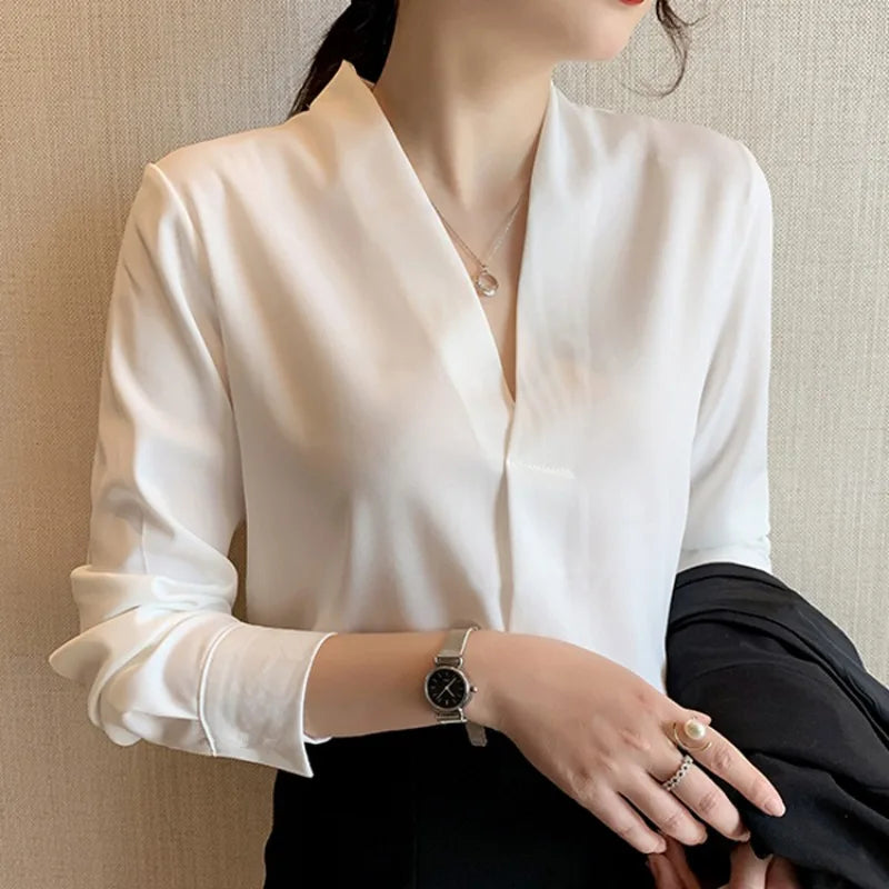 Long Sleeve White V-Neck Chiffon Blouse
