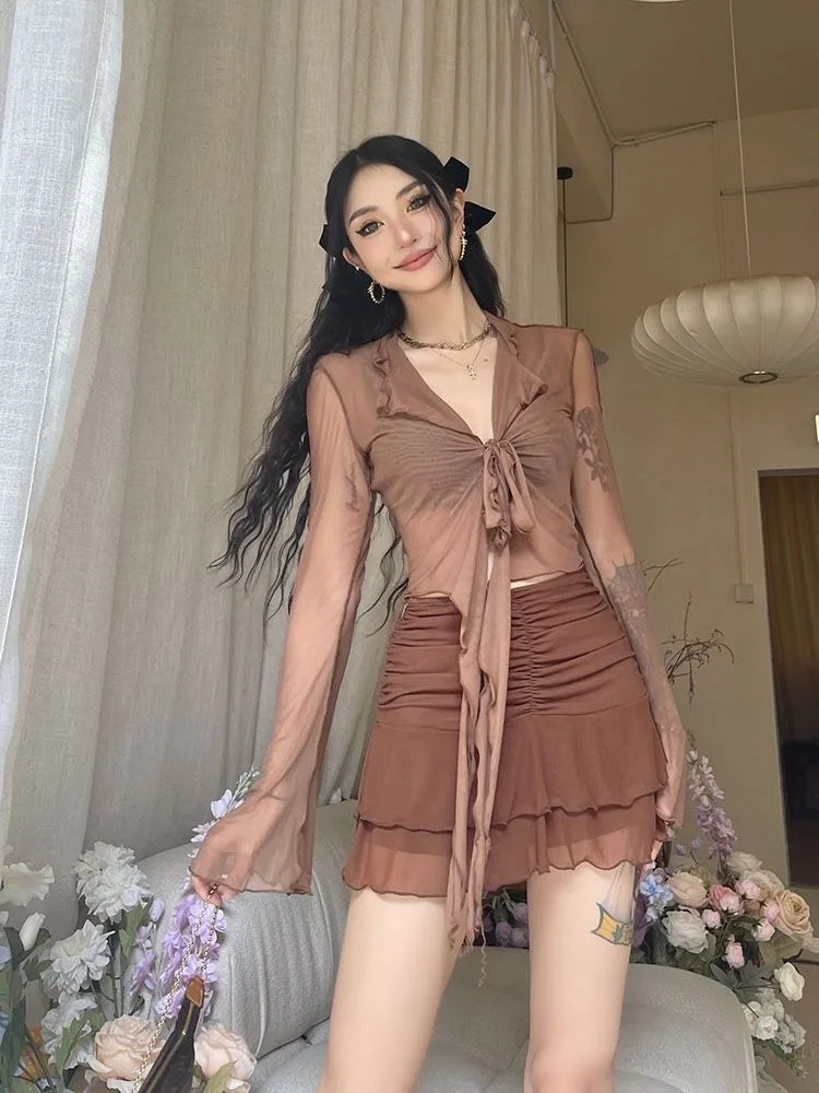 Long Flare Sleeve Lace-Up Mesh Blouse