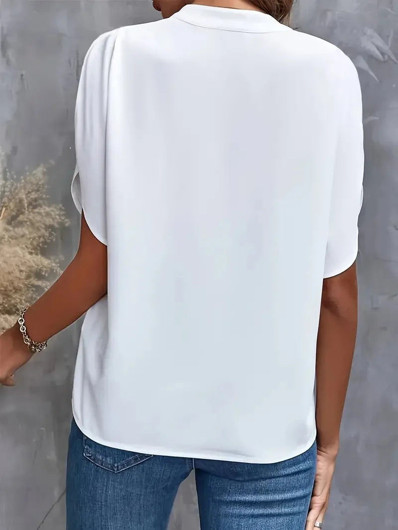 Elegant V-Neck Short Sleeve Solid Color Blouse