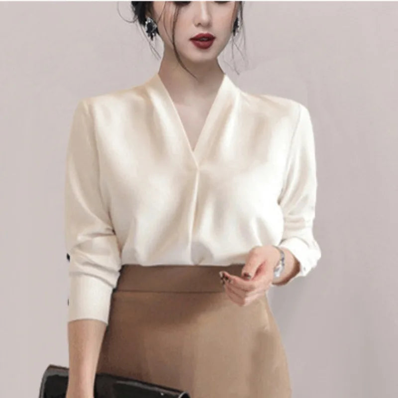 Long Sleeve White V-Neck Chiffon Blouse