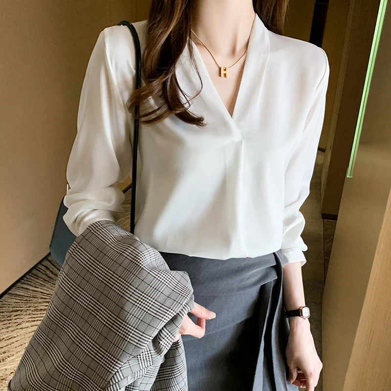 Long Sleeve White V-Neck Chiffon Blouse