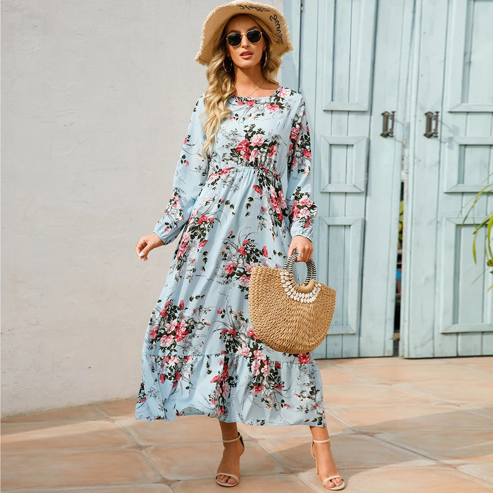 Bohemian Maxi Dress with Long Sleeves and Floral Chiffon
