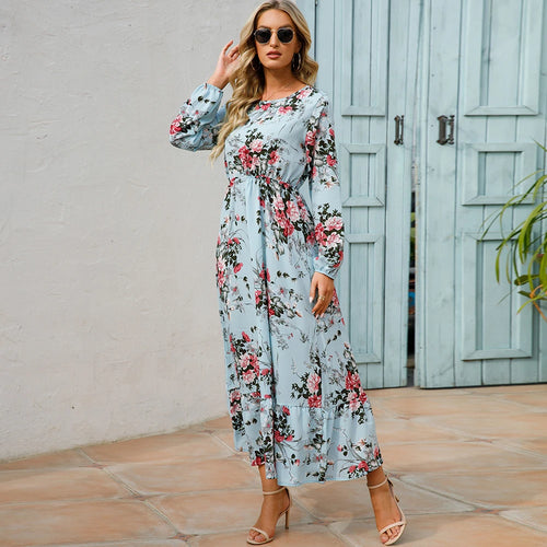 Bohemian Maxi Dress with Long Sleeves and Floral Chiffon