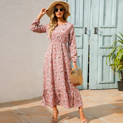 Bohemian Maxi Dress with Long Sleeves and Floral Chiffon