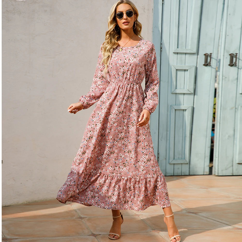 Bohemian Maxi Dress with Long Sleeves and Floral Chiffon