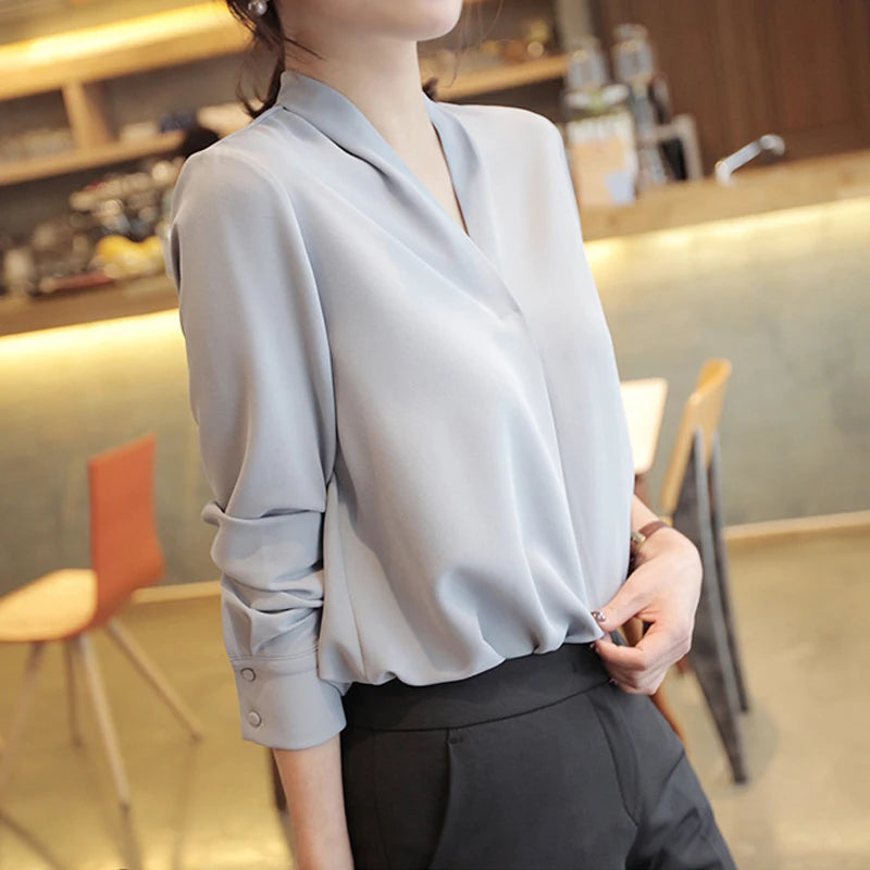 Long Sleeve White V-Neck Chiffon Blouse