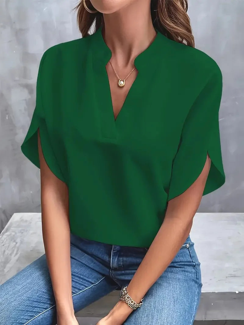 Elegant V-Neck Short Sleeve Solid Color Blouse