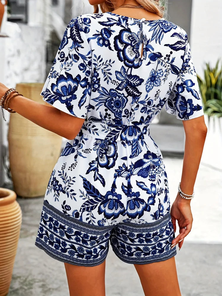 V-Neck Short Sleeve Plant Print Jumpsuit