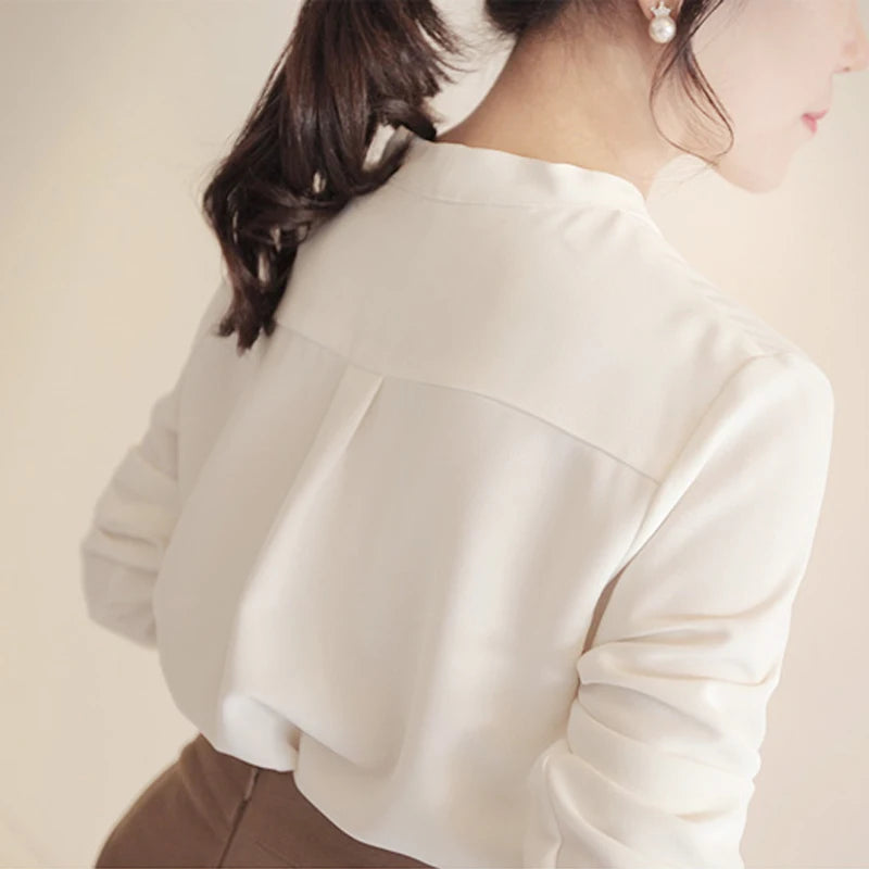 Long Sleeve White V-Neck Chiffon Blouse