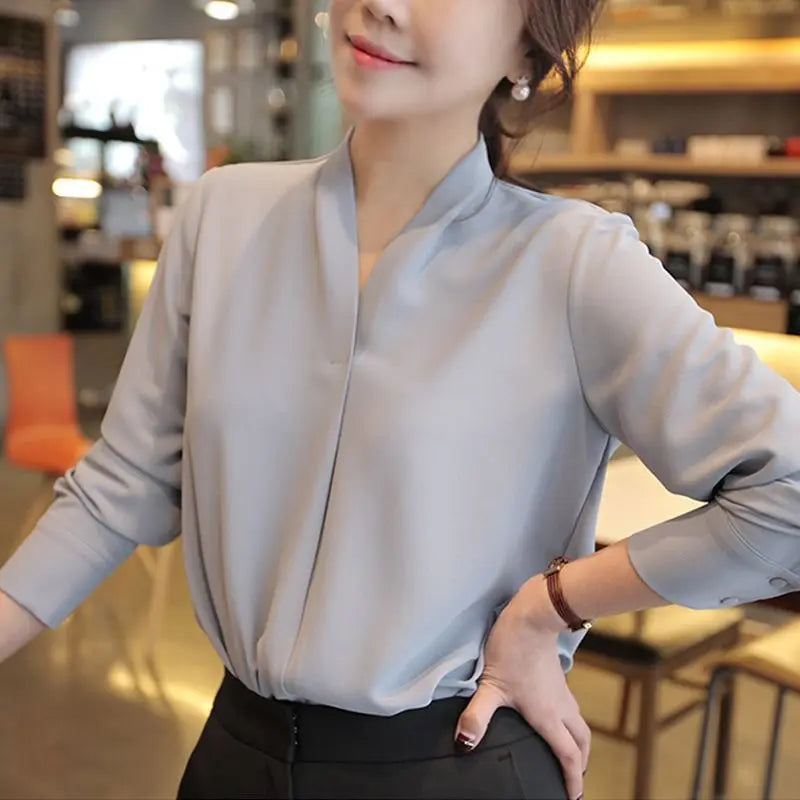 Long Sleeve White V-Neck Chiffon Blouse