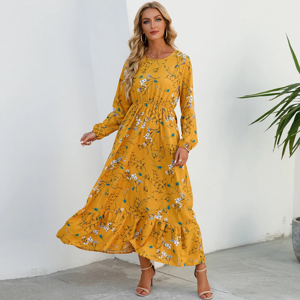 Bohemian Maxi Dress with Long Sleeves and Floral Chiffon
