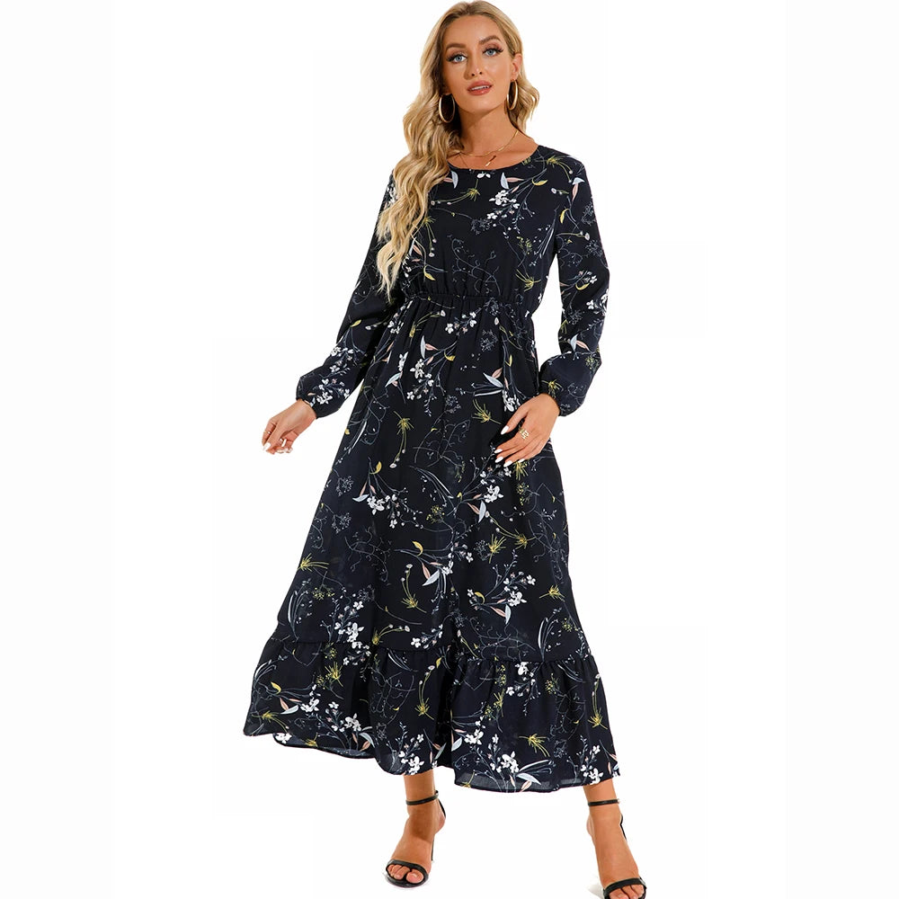 Bohemian Maxi Dress with Long Sleeves and Floral Chiffon