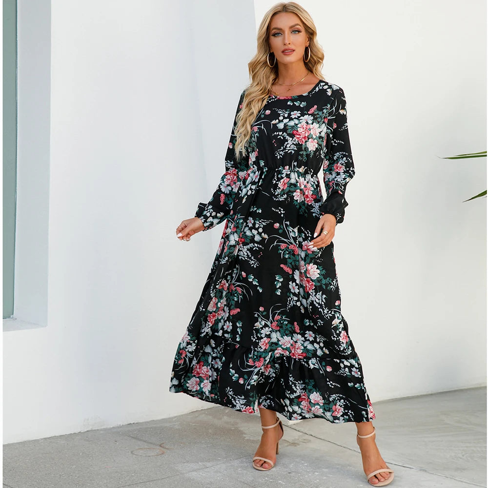 Bohemian Maxi Dress with Long Sleeves and Floral Chiffon