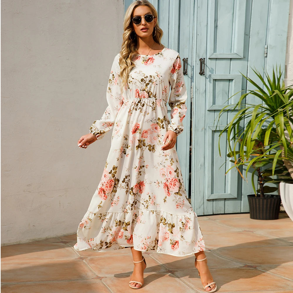 Bohemian Maxi Dress with Long Sleeves and Floral Chiffon