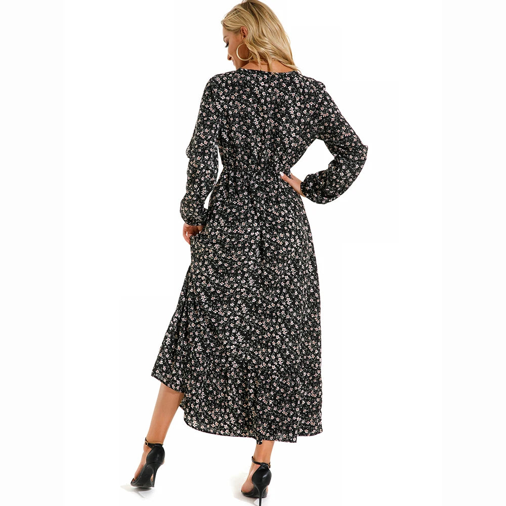 Bohemian Maxi Dress with Long Sleeves and Floral Chiffon