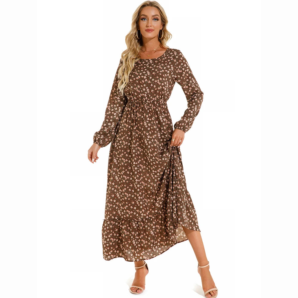 Bohemian Maxi Dress with Long Sleeves and Floral Chiffon