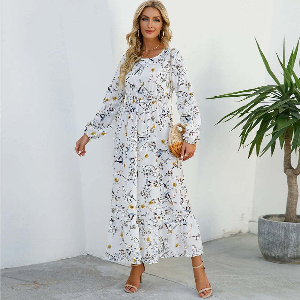 Bohemian Maxi Dress with Long Sleeves and Floral Chiffon