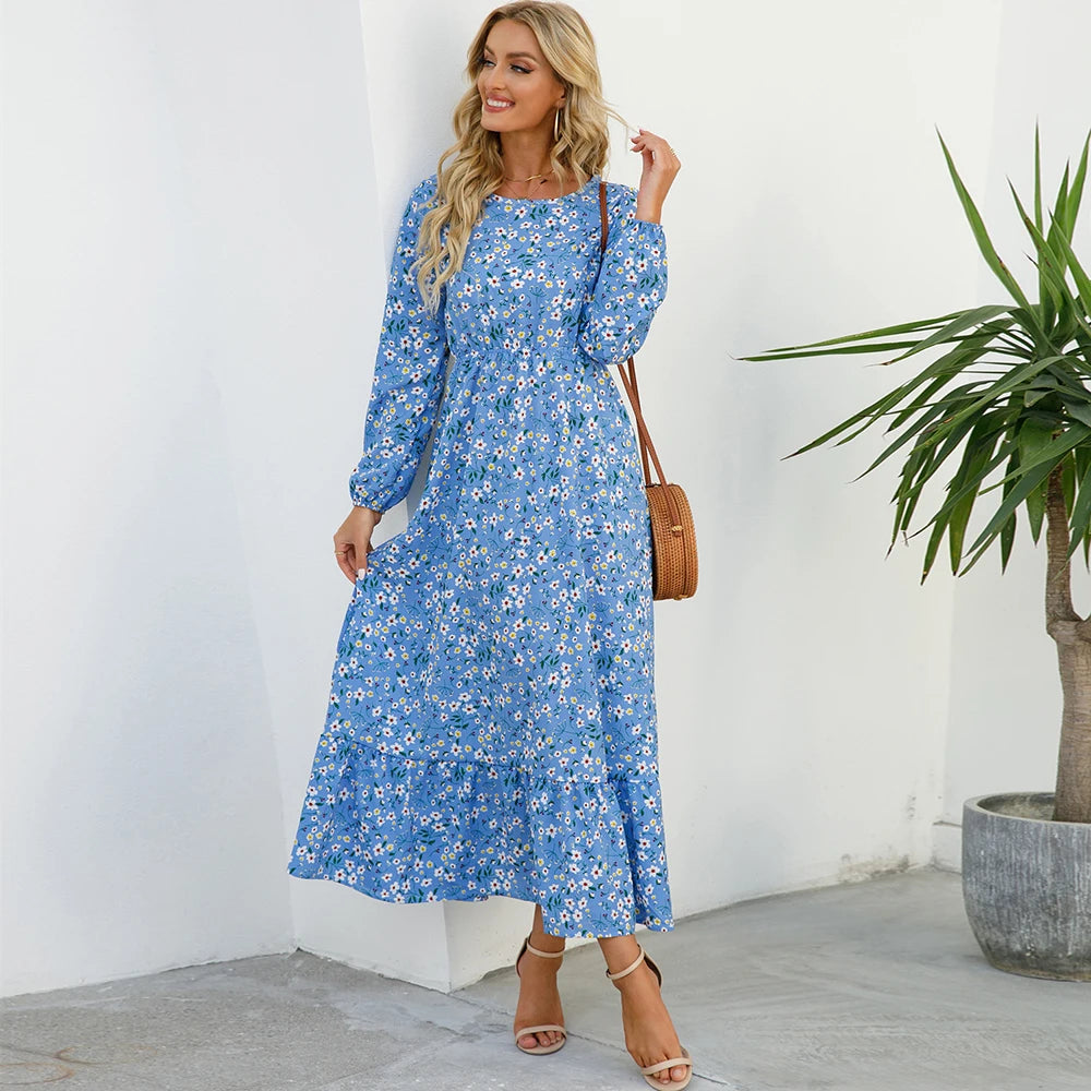 Bohemian Maxi Dress with Long Sleeves and Floral Chiffon