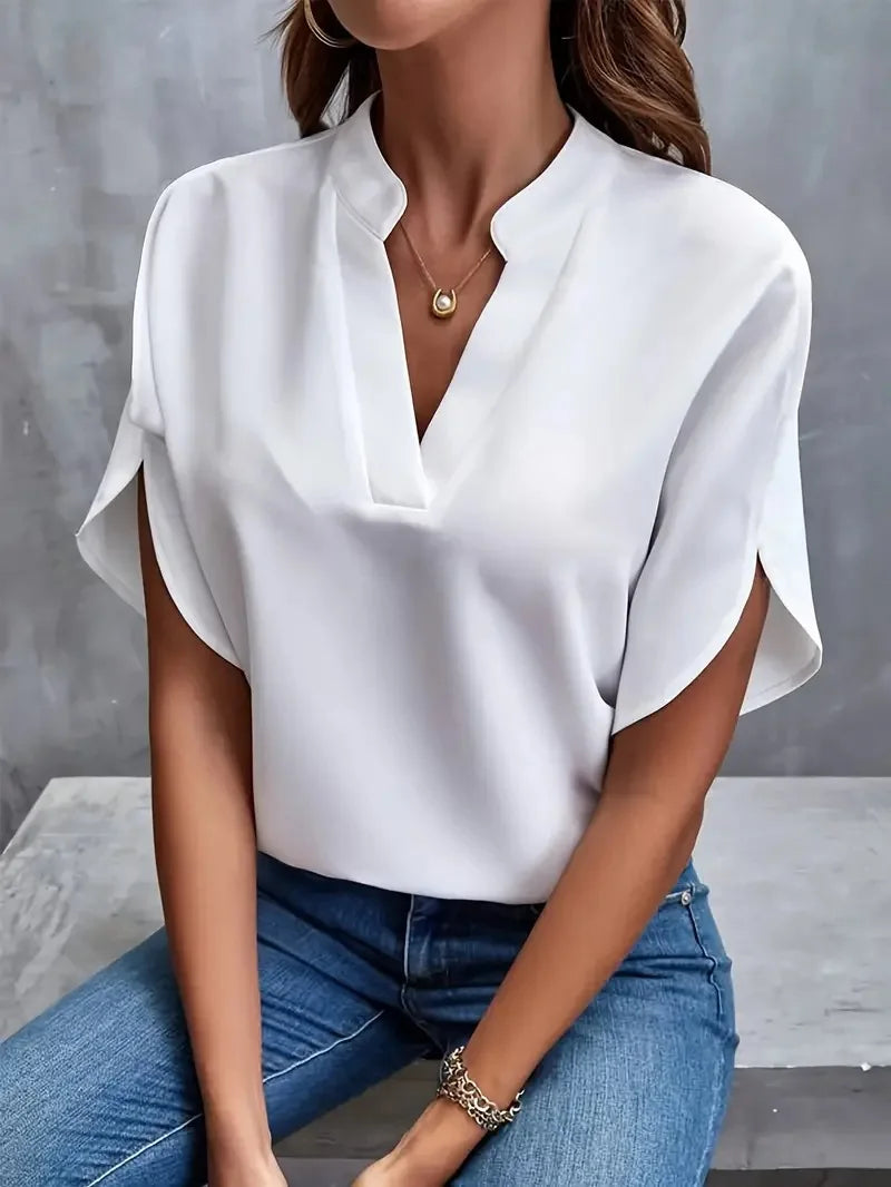 Elegant V-Neck Short Sleeve Solid Color Blouse