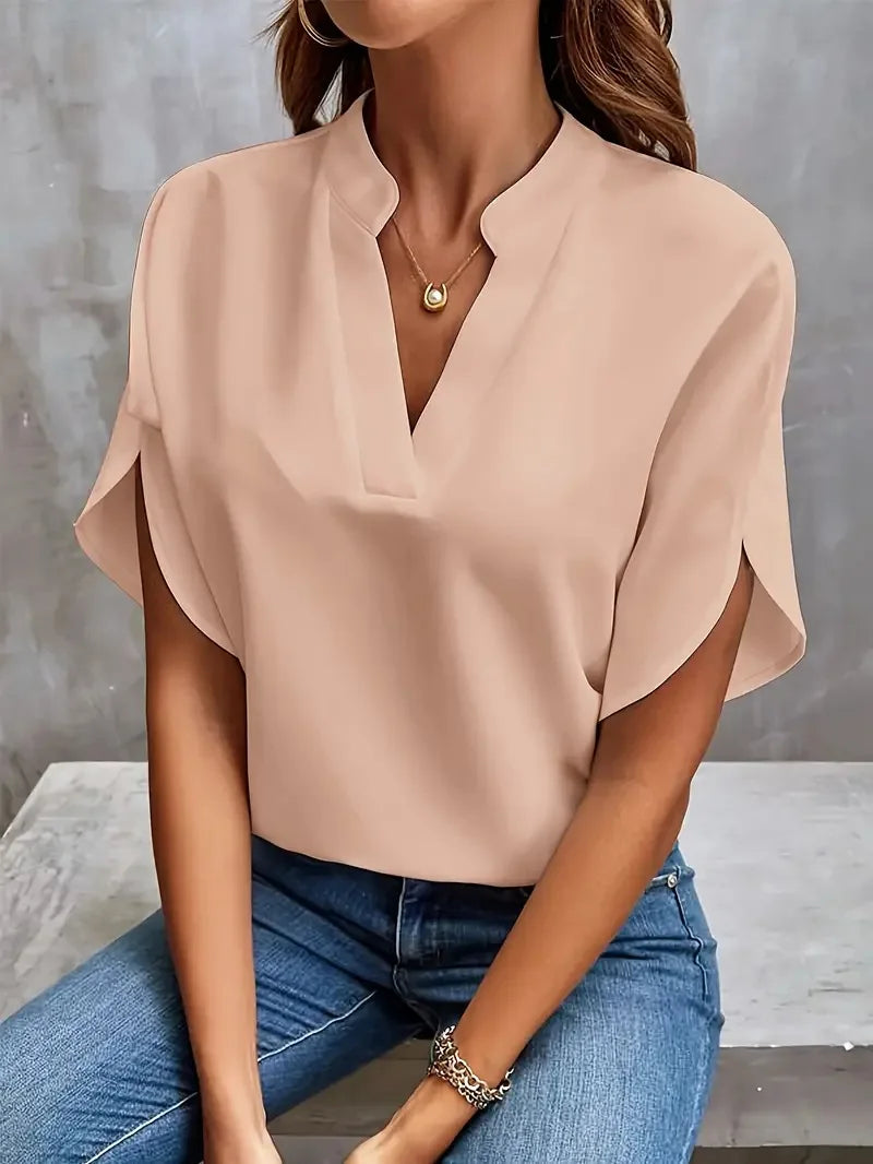 Elegant V-Neck Short Sleeve Solid Color Blouse