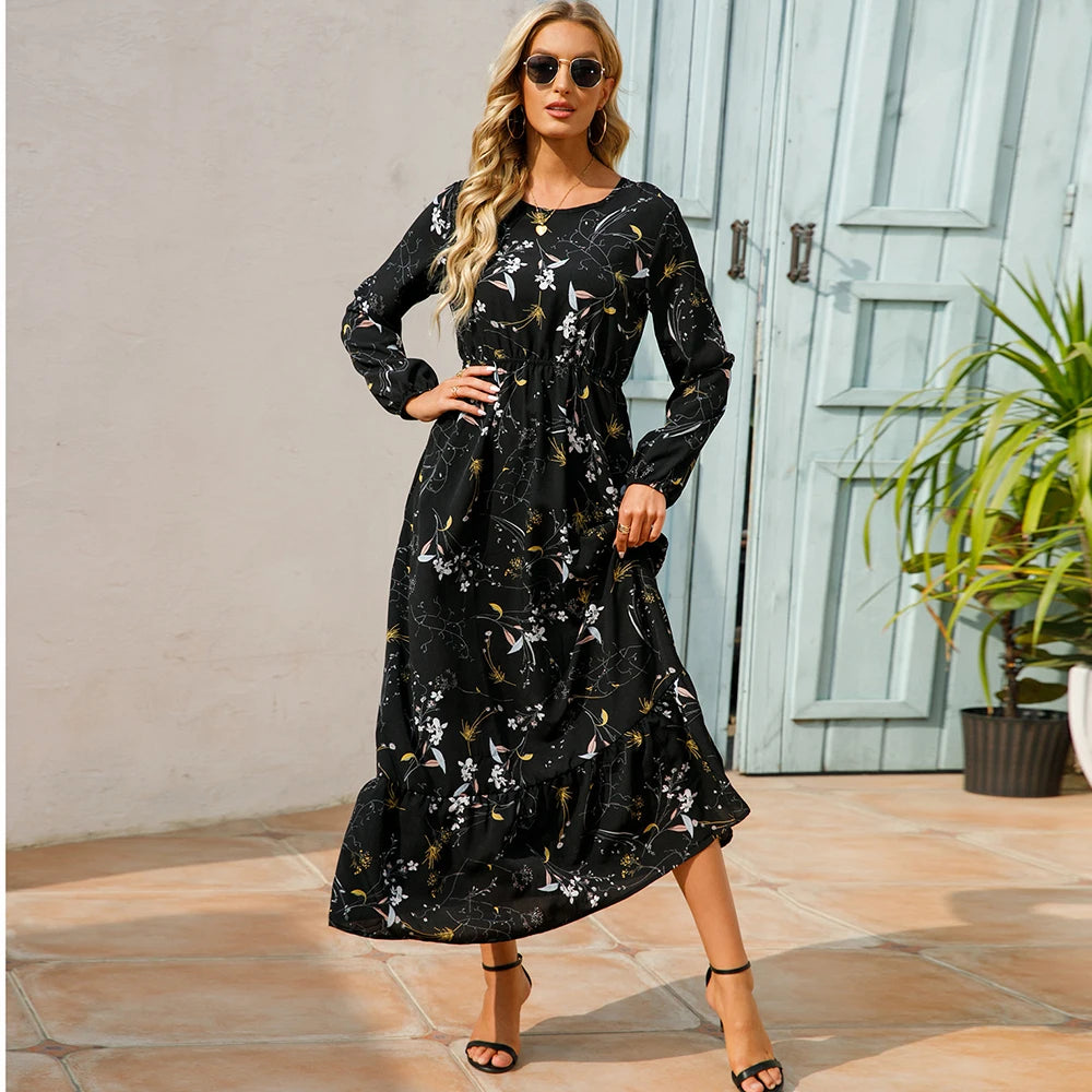 Bohemian Maxi Dress with Long Sleeves and Floral Chiffon