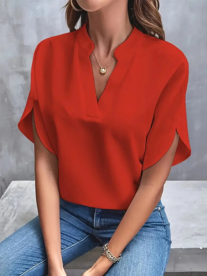 Elegant V-Neck Short Sleeve Solid Color Blouse