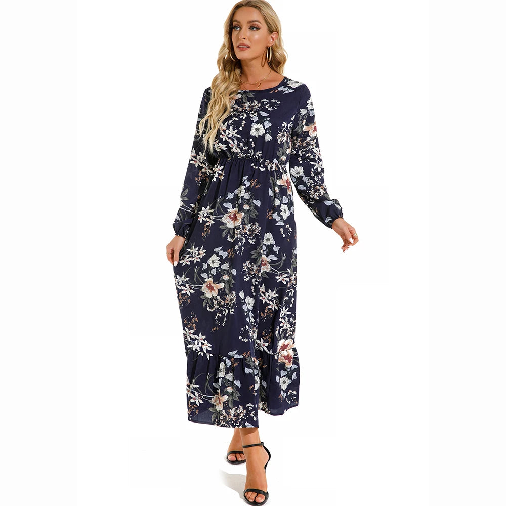 Bohemian Maxi Dress with Long Sleeves and Floral Chiffon
